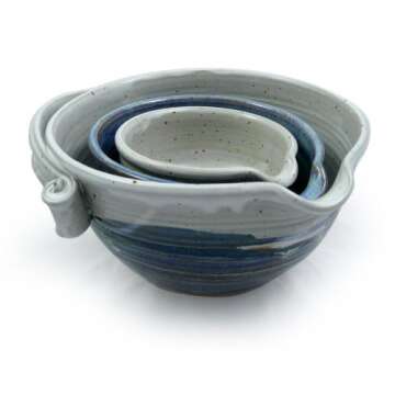Modern Artisans American Made Stoneware Pottery Batter Bowls, 3-Piece Nesting Set, French Blue Glaze