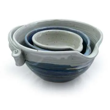 Modern Artisans American Made Stoneware Pottery Batter Bowls, 3-Piece Nesting Set, French Blue Glaze