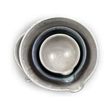 Modern Artisans American Made Stoneware Pottery Batter Bowls, 3-Piece Nesting Set, French Blue Glaze