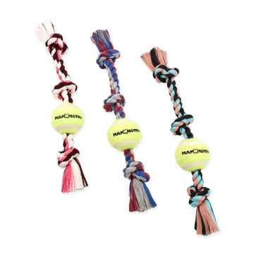 Mammoth Flossy Chews Color 3 Knot Tug w/Mini Tennis Ball – Premium Cotton-Poly Tug Toy for Dogs – Interactive – Rope Dog Toy for Small Dogs - Mini 11”