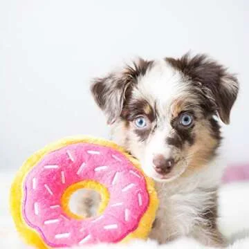 ZippyPaws Donutz - No Stuffing Dog Toys to Keep Them Busy, for Small and Medium Dogs, Squeaky Pet Toy for Boredom, Unstuffed Chew Toy, Soft Plush Puppy Products, Funny Food Toy - Strawberry Donut