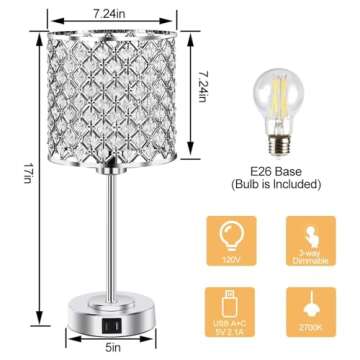 GyroVu Crystal Table Lamp, Crystal Lamp Touch Control with USB C+A Ports - 3 Way Dimmable Bedside La...