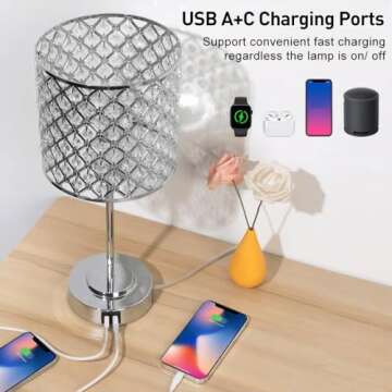 GyroVu Crystal Table Lamp, Crystal Lamp Touch Control with USB C+A Ports - 3 Way Dimmable Bedside Lamp with Bulbs, Crystal Nightstand Lamp Modern Light for Bedroom, Living Room, Bulb Included