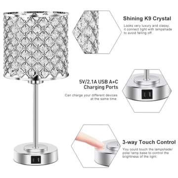 GyroVu Crystal Table Lamp, Crystal Lamp Touch Control with USB C+A Ports - 3 Way Dimmable Bedside Lamp with Bulbs, Crystal Nightstand Lamp Modern Light for Bedroom, Living Room, Bulb Included