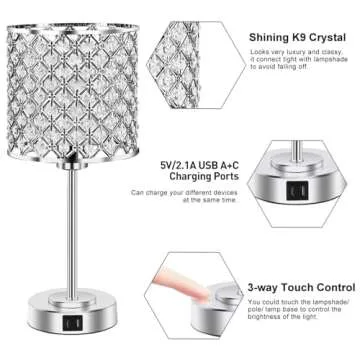 GyroVu Crystal Table Lamp, Crystal Lamp Touch Control with USB C+A Ports - 3 Way Dimmable Bedside Lamp with Bulbs, Crystal Nightstand Lamp Modern Light for Bedroom, Living Room, Bulb Included