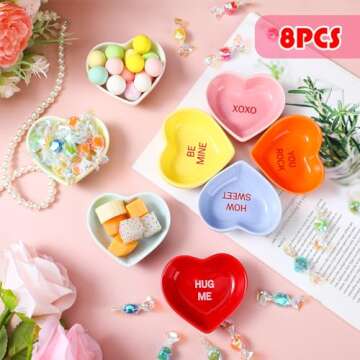 Hushee 8 Pcs Heart Shaped Bowls Valentine's Day 8 Color Heart Ceramic Side Bowl Sweet Talk Sauce Dishes Seasoning Dishes Soy Dipping for Wedding Birthday Party