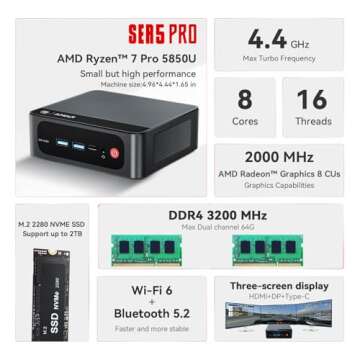 Beelink SER5 PRO Mini PC,AMD Ryzen 7 5850U(8C/16T,up to 4.4 GHz),Mini Computer 32GB DDR4 RAM 1TB M.2...