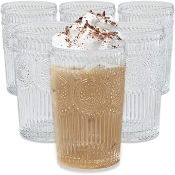Kate Aspen Vintage Textured Clear Striped Drinking Glasses Set of 6, (13 oz) Ribbed Glassware Set wi...
