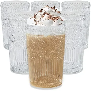 Kate Aspen Vintage Textured Clear Striped Drinking Glasses Set of 6, (13 oz) Ribbed Glassware Set wi...