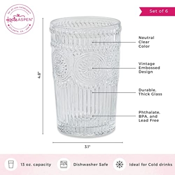 Kate Aspen Vintage Drinking Glasses Set of 6 for Stylish Cocktails