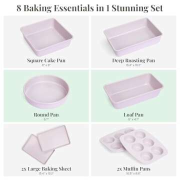 Larder & Vine 8-Piece Bakeware Set | Non-Stick Baking Set with Ceramic Finish | PFAS, PFOA, PTFE, and BPA Free Baking Essentials | Baking Sheets, Muffin Tins and Assorted Baking Pans | Lavender