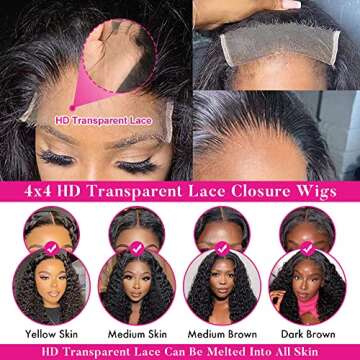 FIRIEYA Deep Wave Lace Front Wigs Human Hair Wigs for Black Women 180% Density 4X4 HD Transparent Lace Closure Human Hair Wigs for Black Women Glueless with Baby Hair Natural Color(30 Inch)