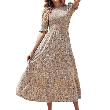 BTFBM Women Casual Summer Dresses 2025 Spring Crew Neck Ruffle Short Sleeve Floral Print Smocked Boh...