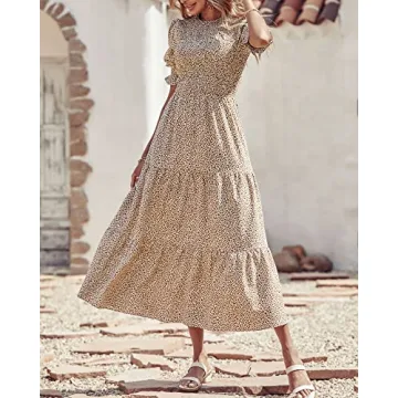 BTFBM Women Floral Print Smocked Boho Maxi Dress