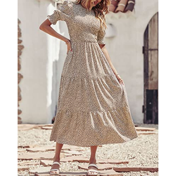 BTFBM Women Floral Print Smocked Boho Maxi Dress