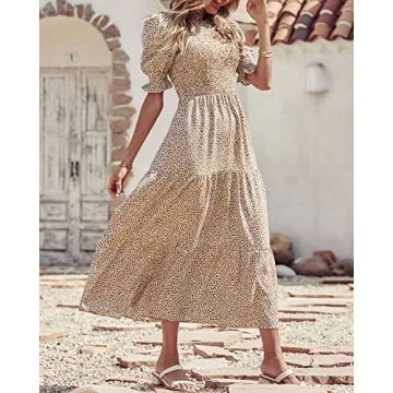 BTFBM Women Floral Print Smocked Boho Maxi Dress