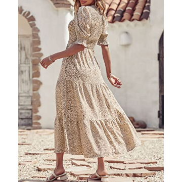 BTFBM Women Floral Print Smocked Boho Maxi Dress