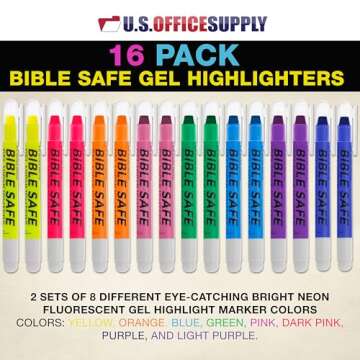 U.S. Office Supply Bible Safe Gel Highlighters, Pack of 16-2 Sets of 8 Bright Neon Fluorescent Highlight Colors Yellow, Orange, Pink, Purple, Green, Blue - Won't Bleed, Fade or Smear - Study Guide