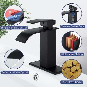 Waterfall Brass Matte Black Bathroom Faucet with Pop Up Drain Single Handle 4 Inch 1 Or 3 Hole Bathr...