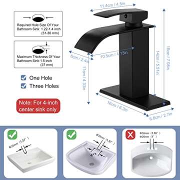Waterfall Brass Matte Black Bathroom Faucet with Pop Up Drain Single Handle 4 Inch 1 Or 3 Hole Bathroom Sink Faucet Modern RV Lavatory Vanity Faucet with Deck Plate Water Mixer Tap
