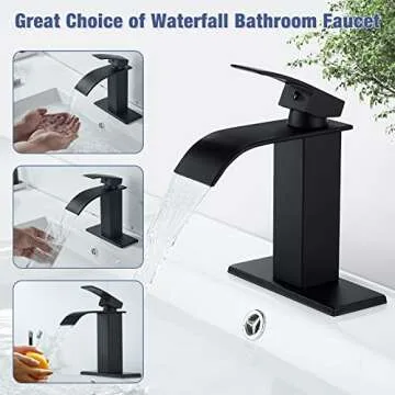 Waterfall Brass Matte Black Bathroom Faucet with Pop Up Drain Single Handle 4 Inch 1 Or 3 Hole Bathroom Sink Faucet Modern RV Lavatory Vanity Faucet with Deck Plate Water Mixer Tap