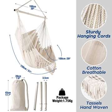 Chihee Hammock Chair Relax Hanging Chair Cotton Woven Soft Seat for Superior Comfort Durability Elegant Tassels Creative Metal Strong Spreader Bar 3-Section Combination Detachable Easy to Install