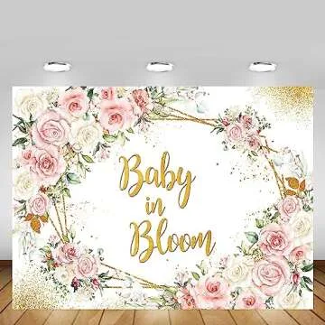 MEHOFOND 7x5ft Boho Baby in Bloom Backdrop for Sweet Girl Pink Florals Baby Shower Background Golden Theme Banner Decorations Gender Reveal Party Welcome Baby Party Photo Booth Studio Props