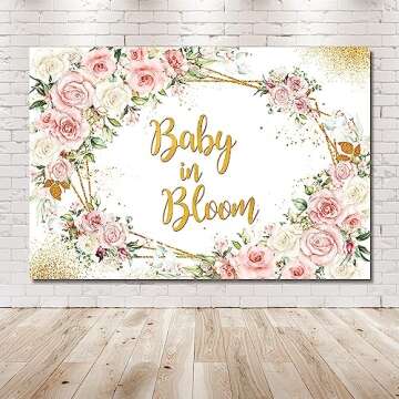 MEHOFOND 7x5ft Boho Baby in Bloom Backdrop for Sweet Girl Pink Florals Baby Shower Background Golden Theme Banner Decorations Gender Reveal Party Welcome Baby Party Photo Booth Studio Props
