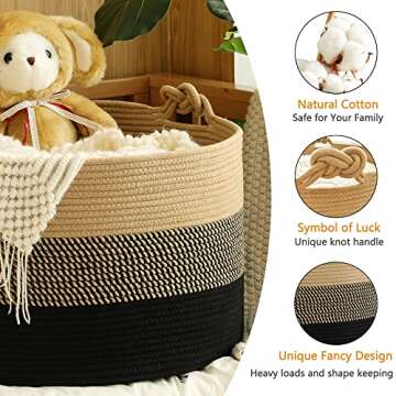 KAKAMAY Large Blanket Basket (20"x13"),Woven Rope Baskets for storage Baby Laundry Hamper, Cotton Ro...