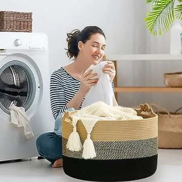 KAKAMAY Large Blanket Basket (20"x13"),Woven Rope Baskets for storage Baby Laundry Hamper, Cotton Rope Blanket Basket for Living Room, Laundry, Nursery, Pillows,Baby Toy chest (Jute/Black)