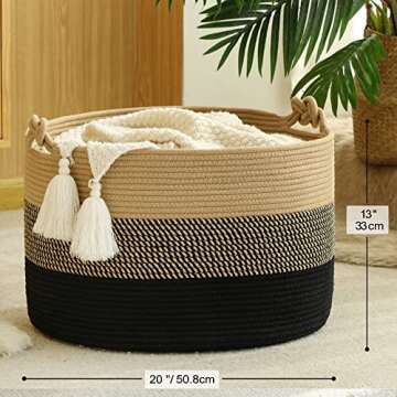 KAKAMAY Large Blanket Basket (20"x13"),Woven Rope Baskets for storage Baby Laundry Hamper, Cotton Rope Blanket Basket for Living Room, Laundry, Nursery, Pillows,Baby Toy chest (Jute/Black)