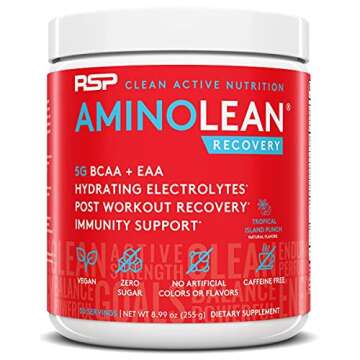 RSP NUTRITION AminoLean Pre Workout Energy (Pink Lemonade 30 Servings) with AminoLean Recovery Post Workout Boost (Tropical Island Punch 30 Servings)