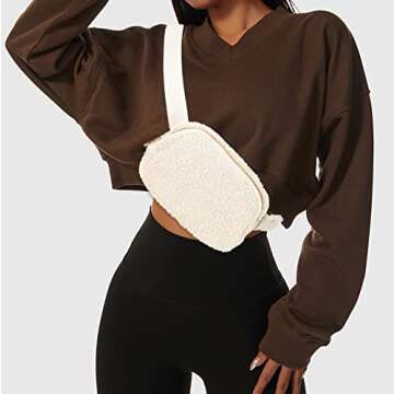 Fleece Belt Bag Sherpa Fanny Pack Adjustable Strap Everywhere Crossbody Chest Bum Bag for Women Men Travel Running Workout Hiking (Ivory White)