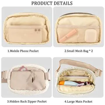 Fleece Belt Bag Sherpa Fanny Pack Adjustable Strap Everywhere Crossbody Chest Bum Bag for Women Men Travel Running Workout Hiking (Ivory White)