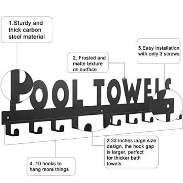 IBosins Large Pool Towel Rack with 10 Hooks, Towel Holder Wall Mounted for Outdoor, Towel Hanger for Hanging Bathrobes, Towels, Clothes - Perfect Pool Area Outside Sign and Decor (Black)