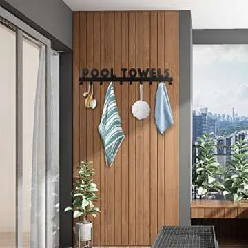 IBosins Large Pool Towel Rack with 10 Hooks, Towel Holder Wall Mounted for Outdoor, Towel Hanger for Hanging Bathrobes, Towels, Clothes - Perfect Pool Area Outside Sign and Decor (Black)