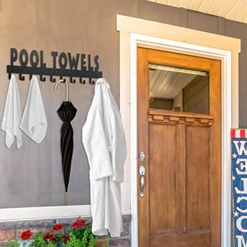 IBosins Large Pool Towel Rack with 10 Hooks, Towel Holder Wall Mounted for Outdoor, Towel Hanger for Hanging Bathrobes, Towels, Clothes - Perfect Pool Area Outside Sign and Decor (Black)