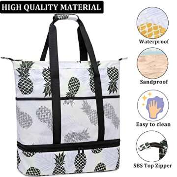 JIANYA Beach Bag Women Waterproof Sandproof Beach Tote Bags with Cooler Top Zipper Large Totes for Beach Pool Travel Daily