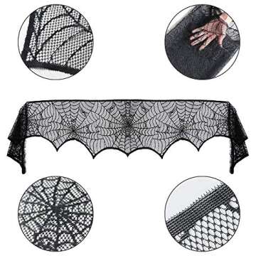 GKkakuto Halloween Cobweb Fireplace Scarf, Black Lace Spiderweb Mantle Scarf for Halloween Home Party Supplies, 18 x 96 inch