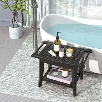 Zhuoyue Waterproof Bamboo Shower Stool Bench with Storage Shelf for Spa & Shaving