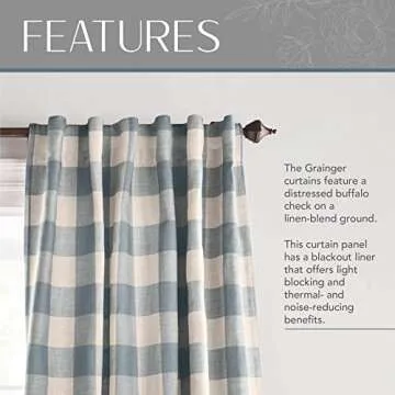 Elrene Home Fashions Farmhouse Living Grainger Buffalo-Check Blackout Window Curtain, Living Room and Bedroom Drape with Rod Pocket Tabs, 52" x 84", Chambray, 1 Panel