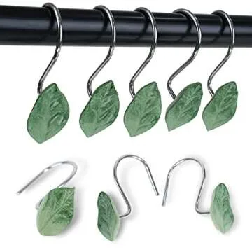 OBERITOL 12PCS Leaves Shower Curtain Hooks, Decorative Shower Curtain Hooks, Green Plant Leaf Shower Hooks Rust Proof Stainless Steel Shower Curtain Hooks for Bathroom, Bedroom Room Decor (Leaves)