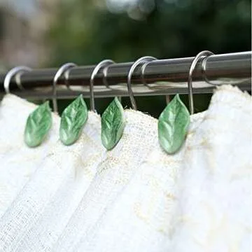 OBERITOL 12PCS Leaves Shower Curtain Hooks, Decorative Shower Curtain Hooks, Green Plant Leaf Shower Hooks Rust Proof Stainless Steel Shower Curtain Hooks for Bathroom, Bedroom Room Decor (Leaves)