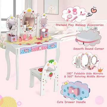 HONEY JOY Kids Vanity, Strawberry Princess Wooden Makeup Dressing Table & Chair Set w/Real Glass Tri...