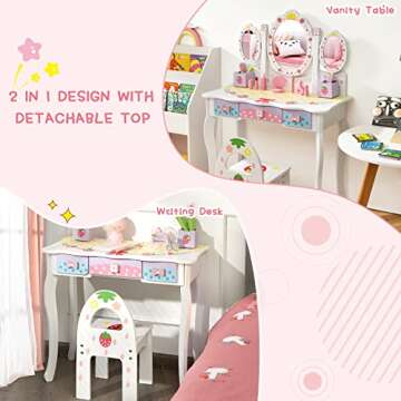 HONEY JOY Kids Vanity with Tri-Fold Mirror & Accessories