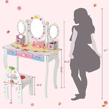 HONEY JOY Kids Vanity with Tri-Fold Mirror & Accessories