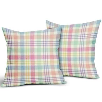 Spring Plaid Pillow Covers 18x18 Inch Easter Decorations Pink Green Blue Colorful Buffalo Plaid Deco...