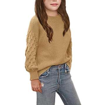 Girls' Crewneck Sweaters Casual Long Sleeve Drop Shoulder Pullover Sweaters Fall Oversized Cable Kni...