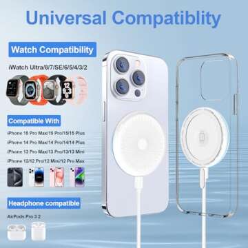 3 in 1 Magnetic Wireless Charger 18W Fast Mag-Safe Phone Charger, LED Wireless Charging Pad with 18W Adapter for iPhone 12-16 Series AirPods 3/2/Pro and Apple Watch Ultra 10 9 8 7 6 5 4 (White)
