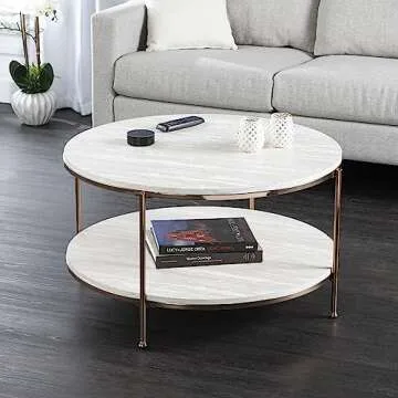 SEI Furniture Southern Enterprises Silas Round Faux Stone Cocktail Coffee Table in Gold - 33.25" x 3...